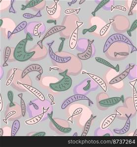 Modern seamless pattern with fishes and stones pebbles in the water. Perfect print for tee, paper, textile and fabric. Animalistic vector background for decor and design.