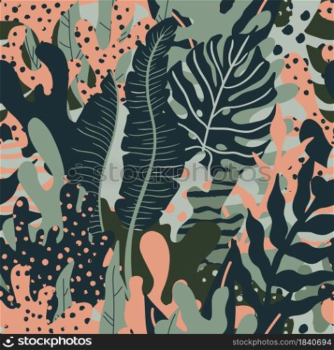 Modern seamless pattern with tropical leaves and abstract geometric shapes. Vector flat illustration. Can be used for textile, wallpaper, print, wrapping.