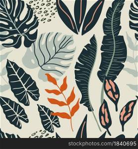 Modern seamless pattern with tropical leaves and abstract geometric shapes. Vector flat illustration. Can be used for textile, wallpaper, print, wrapping.