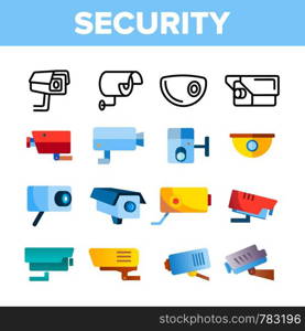 Modern Security Cameras Vector Color Icons Set. Hidden Surveillance CCTV Cameras Linear Symbols Pack. Facility Building Safety And Protection System. Area Monitoring Isolated Flat Illustrations. Modern Security Cameras Vector Color Icons Set