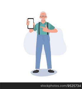 Modern Senior with Technology concept. Elderly man Pointing Finger at Smartphone. Active senior Using Smartphone for Online Interaction