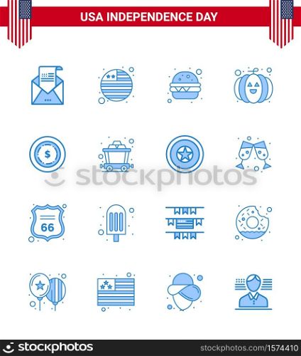 Modern Set of 16 Blues and symbols on USA Independence Day such as cart; dollar; burger; american; pumpkin Editable USA Day Vector Design Elements