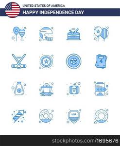 Modern Set of 16 Blues and symbols on USA Independence Day such as day  balloons  sport  parade  instrument Editable USA Day Vector Design Elements
