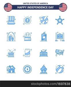 Modern Set of 16 Blues and symbols on USA Independence Day such as building  usa  badge  star  men Editable USA Day Vector Design Elements