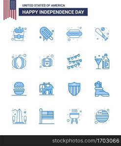 Modern Set of 16 Blues and symbols on USA Independence Day such as pumpkin  usa  dog  sports  baseball Editable USA Day Vector Design Elements