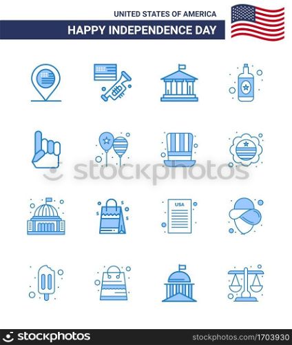 Modern Set of 16 Blues and symbols on USA Independence Day such as usa  foam hand  bank  wine  alcohol Editable USA Day Vector Design Elements