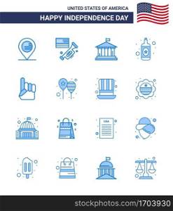 Modern Set of 16 Blues and symbols on USA Independence Day such as usa  foam hand  bank  wine  alcohol Editable USA Day Vector Design Elements
