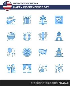 Modern Set of 16 Blues and symbols on USA Independence Day such as pumpkin  international flag  church  flag  world Editable USA Day Vector Design Elements