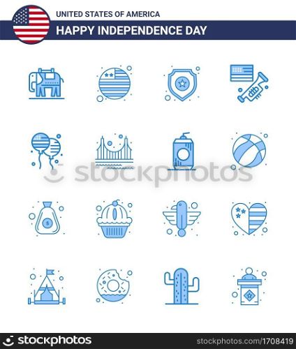 Modern Set of 16 Blues and symbols on USA Independence Day such as american; bloons; star; bloon; laud Editable USA Day Vector Design Elements
