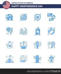 Modern Set of 16 Blues and symbols on USA Independence Day such as american; bloons; star; bloon; laud Editable USA Day Vector Design Elements
