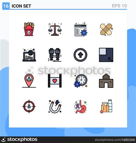 Modern Set of 16 Flat Color Filled Lines and symbols such as camp, learning, gear, internet, first aid Editable Creative Vector Design Elements