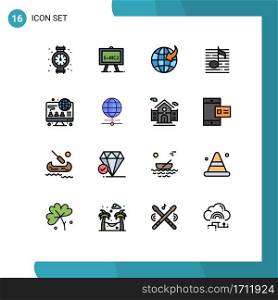 Modern Set of 16 Flat Color Filled Lines and symbols such as online, media, arrow, sound, music Editable Creative Vector Design Elements