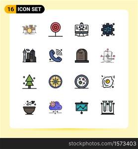 Modern Set of 16 Flat Color Filled Lines Pictograph of architecture, web, food, interface, startup Editable Creative Vector Design Elements