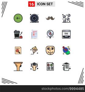 Modern Set of 16 Flat Color Filled Lines Pictograph of coffee, pills, shield, medicine, male Editable Creative Vector Design Elements