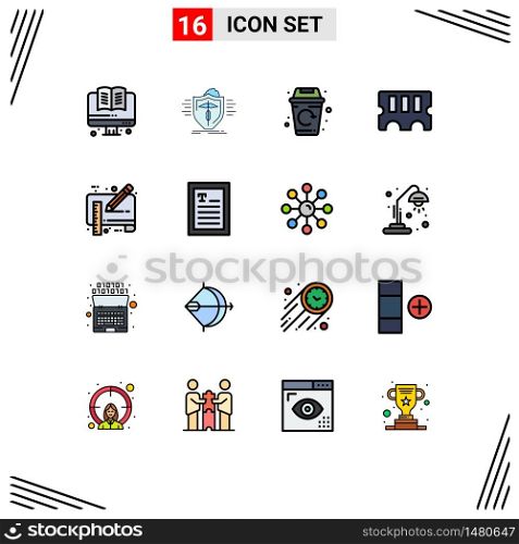 Modern Set of 16 Flat Color Filled Lines Pictograph of draft, blue print, city, ram, hardware Editable Creative Vector Design Elements