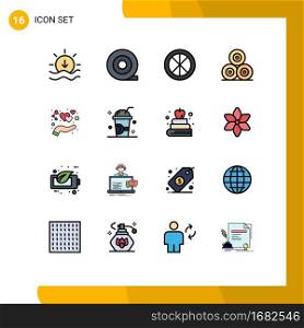 Modern Set of 16 Flat Color Filled Lines Pictograph of drink, heart, window, hand, village Editable Creative Vector Design Elements