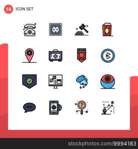 Modern Set of 16 Flat Color Filled Lines Pictograph of gear, movie, socket, food, vote Editable Creative Vector Design Elements
