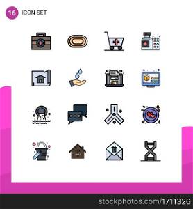 Modern Set of 16 Flat Color Filled Lines Pictograph of house, construction, medical, building, pills Editable Creative Vector Design Elements