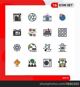 Modern Set of 16 Flat Color Filled Lines Pictograph of internet, map, photo, location, photo Editable Creative Vector Design Elements