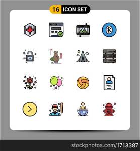 Modern Set of 16 Flat Color Filled Lines Pictograph of lock, system, play, multimedia, bluetooth Editable Creative Vector Design Elements