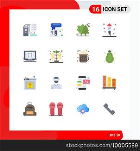 Modern Set of 16 Flat Colors and symbols such as laptop, halloween, tool, fireworks, pine trees Editable Pack of Creative Vector Design Elements