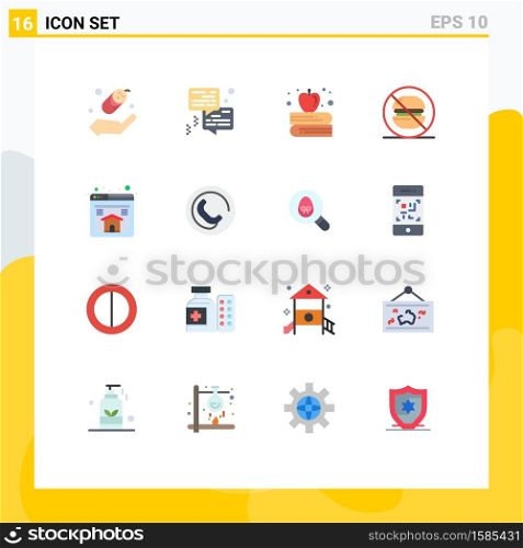 Modern Set of 16 Flat Colors Pictograph of contact, page, apple on book, home, label Editable Pack of Creative Vector Design Elements