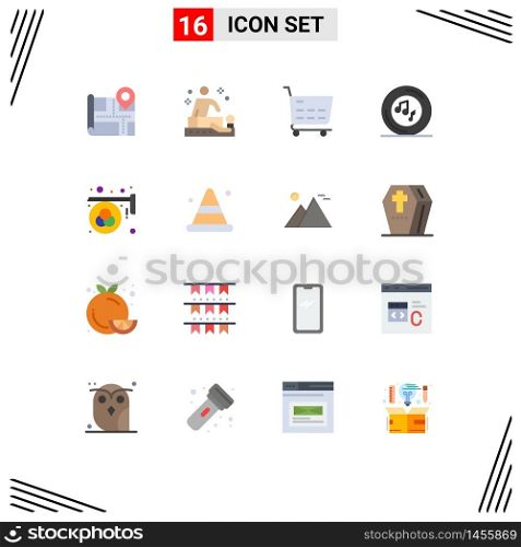 Modern Set of 16 Flat Colors Pictograph of design, advertisement, shop, song, note Editable Pack of Creative Vector Design Elements
