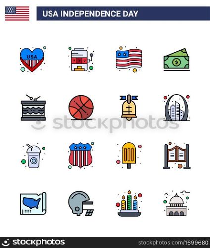 Modern Set of 16 Flat Filled Lines and symbols on USA Independence Day such as irish; drum; country; usa; money Editable USA Day Vector Design Elements