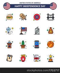 Modern Set of 16 Flat Filled Lines and symbols on USA Independence Day such as country  summer  military  kite  city Editable USA Day Vector Design Elements