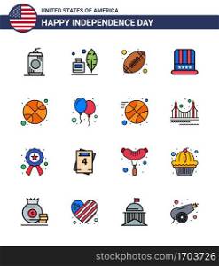 Modern Set of 16 Flat Filled Lines and symbols on USA Independence Day such as ball  usa  ball  american  hat Editable USA Day Vector Design Elements