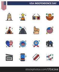 Modern Set of 16 Flat Filled Lines and symbols on USA Independence Day such as building; tent; imerican; camping; hat Editable USA Day Vector Design Elements