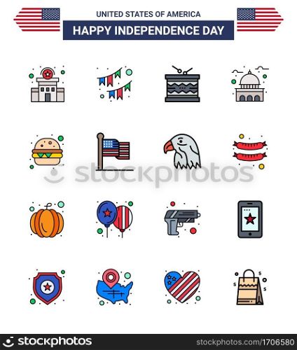 Modern Set of 16 Flat Filled Lines and symbols on USA Independence Day such as usa; house; garland; building; parade Editable USA Day Vector Design Elements