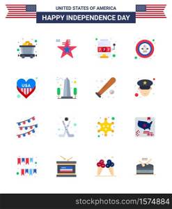 Modern Set of 16 Flats and symbols on USA Independence Day such as heart; badge; machine; eagle; bird Editable USA Day Vector Design Elements
