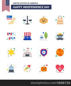 Modern Set of 16 Flats and symbols on USA Independence Day such as buntings  american day  pumkin  shop  money Editable USA Day Vector Design Elements