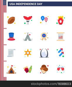 Modern Set of 16 Flats and symbols on USA Independence Day such as hat  food  celebrate  fries  chips Editable USA Day Vector Design Elements
