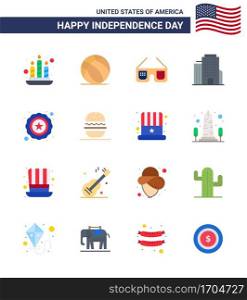 Modern Set of 16 Flats and symbols on USA Independence Day such as burger; star; glasses; police; office Editable USA Day Vector Design Elements