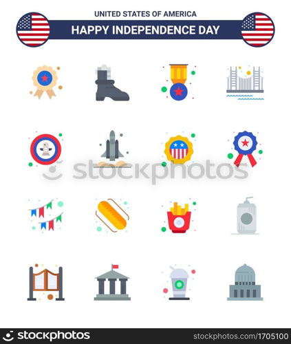 Modern Set of 16 Flats and symbols on USA Independence Day such as american; tourism; badge; landmark; gate Editable USA Day Vector Design Elements