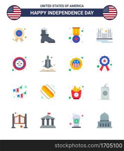 Modern Set of 16 Flats and symbols on USA Independence Day such as american; tourism; badge; landmark; gate Editable USA Day Vector Design Elements