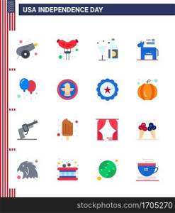 Modern Set of 16 Flats and symbols on USA Independence Day such as celebrate  symbol  wine  political  donkey Editable USA Day Vector Design Elements