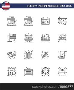 Modern Set of 16 Lines and symbols on USA Independence Day such as security  sign  garland  shield  international Editable USA Day Vector Design Elements
