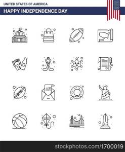 Modern Set of 16 Lines and symbols on USA Independence Day such as bottle  united  shop  states  usa Editable USA Day Vector Design Elements