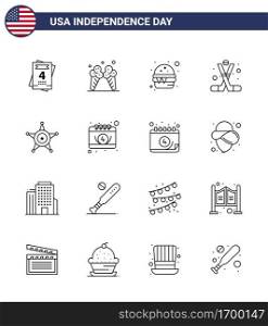 Modern Set of 16 Lines and symbols on USA Independence Day such as police  america  fast  american  ice hockey Editable USA Day Vector Design Elements