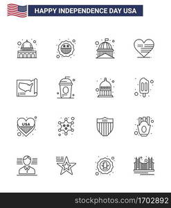 Modern Set of 16 Lines and symbols on USA Independence Day such as map; american; building; love; white Editable USA Day Vector Design Elements