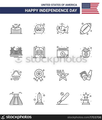 Modern Set of 16 Lines and symbols on USA Independence Day such as golden; bridge; states; usa; footbal Editable USA Day Vector Design Elements