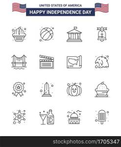 Modern Set of 16 Lines and symbols on USA Independence Day such as building  usa  bank  american  ball Editable USA Day Vector Design Elements