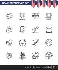 Modern Set of 16 Lines and symbols on USA Independence Day such as army  gun  buntings  usa  hat Editable USA Day Vector Design Elements