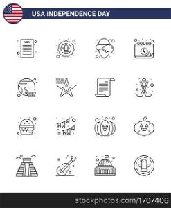 Modern Set of 16 Lines and symbols on USA Independence Day such as helmet  american  usa  day  calendar Editable USA Day Vector Design Elements