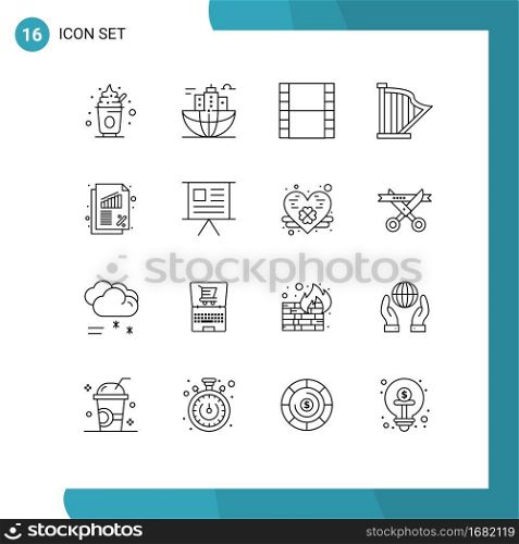 Modern Set of 16 Outlines and symbols such as banking, music, headquarter, instrument, audio Editable Vector Design Elements