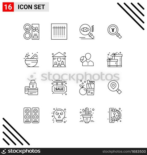 Modern Set of 16 Outlines and symbols such as beach, search, eye, japanese, yen Editable Vector Design Elements