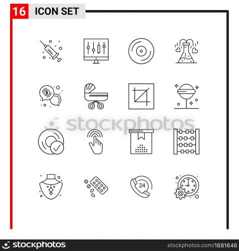 Modern Set of 16 Outlines and symbols such as business, heart, devices, flask, vinyl Editable Vector Design Elements